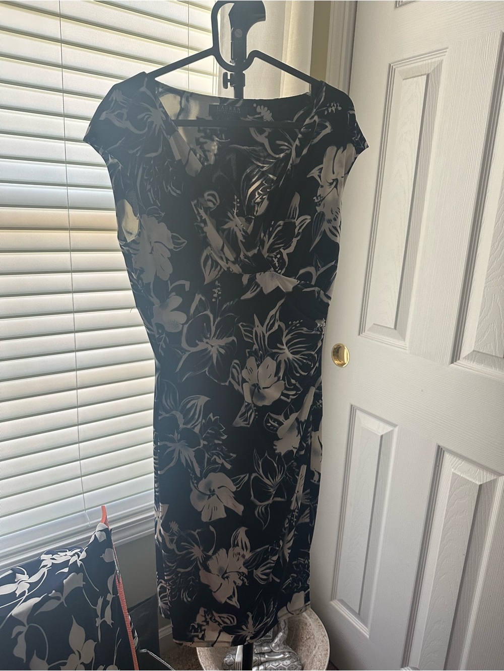 Lauren Ralph Lauren Black and White Floral Sheath Midi Dress